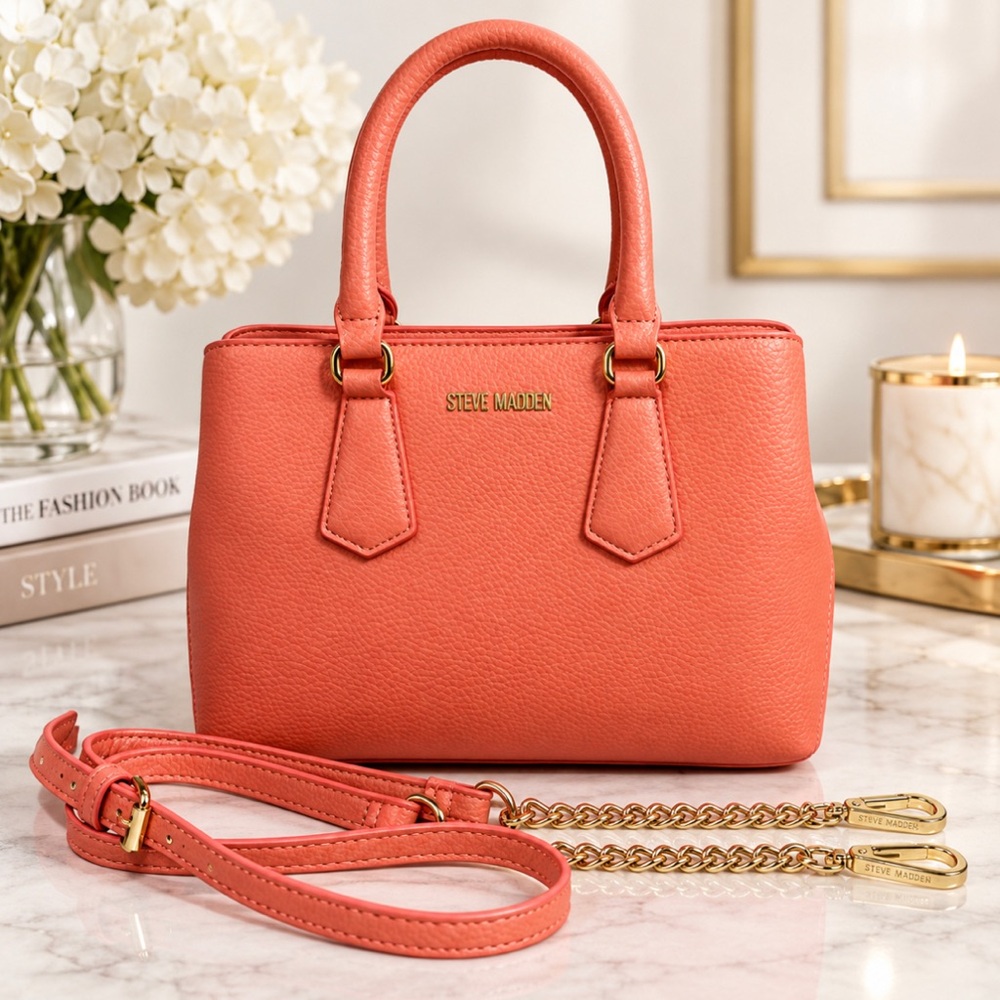STEVE MADDEN B.Mickey Coral Pink Pebbled Faux Leather Satchel Crossbody Bag